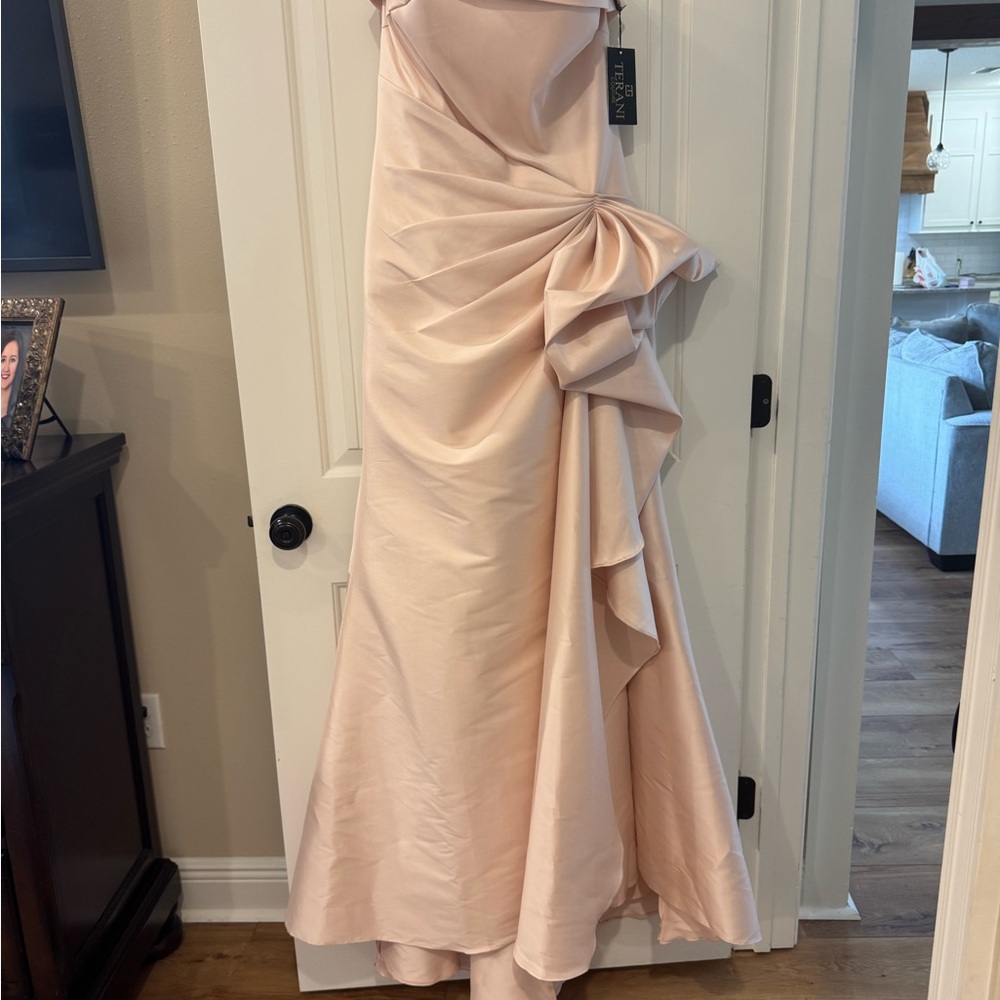 Terani Couture Pink Strapless Ruched Gown